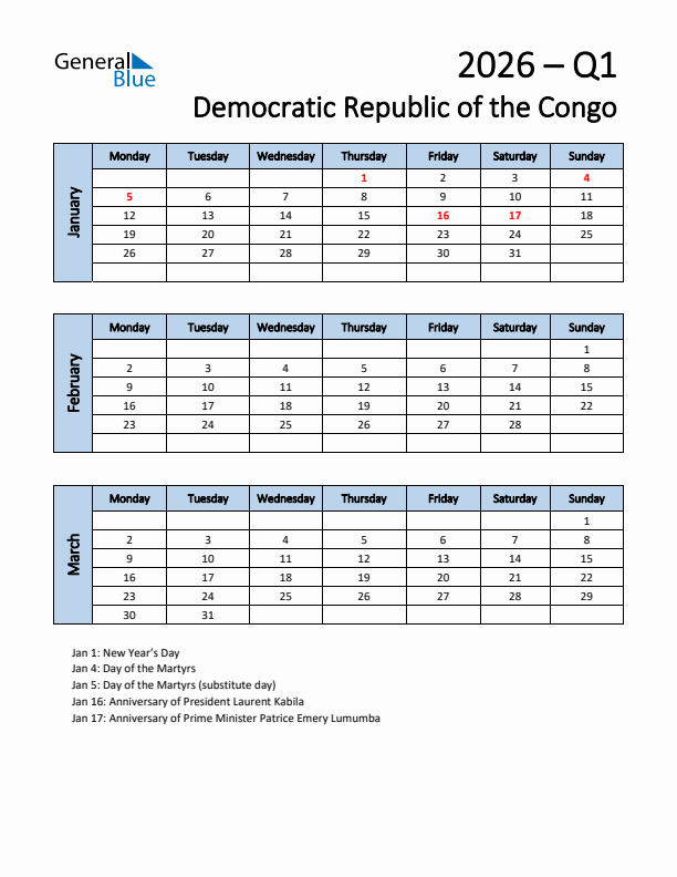 Free Q1 2026 Calendar for Democratic Republic of the Congo - Monday Start