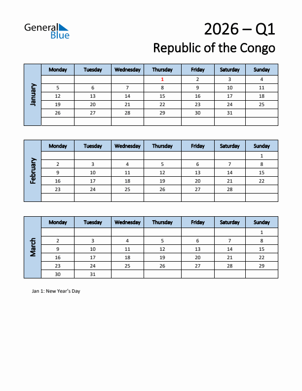 Free Q1 2026 Calendar for Republic of the Congo - Monday Start
