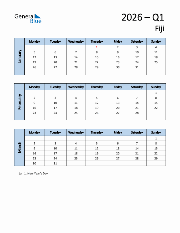 Free Q1 2026 Calendar for Fiji - Monday Start