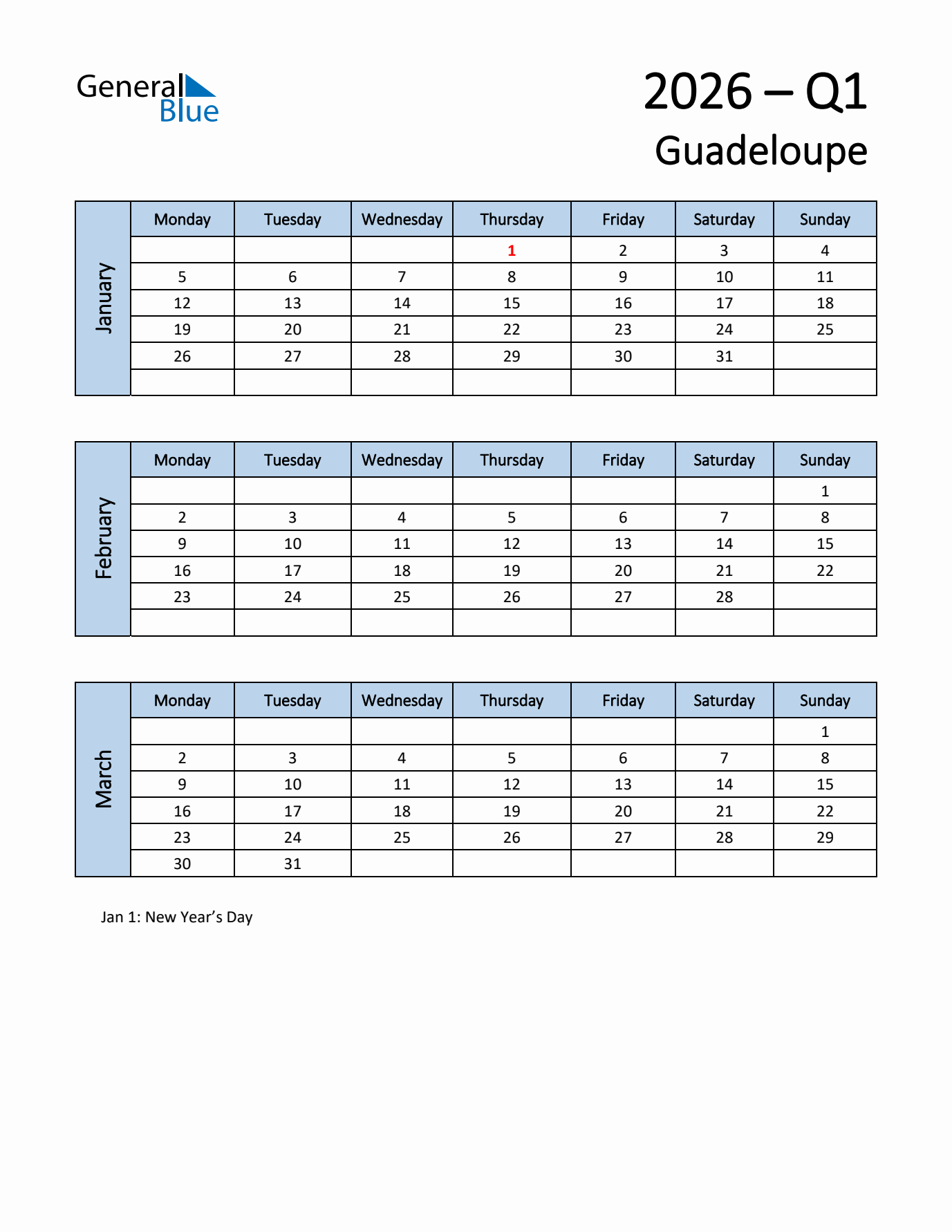 Free Q1 2026 Calendar for Guadeloupe - Monday Start