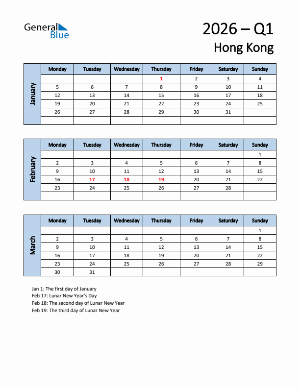 Free Q1 2026 Calendar for Hong Kong - Monday Start