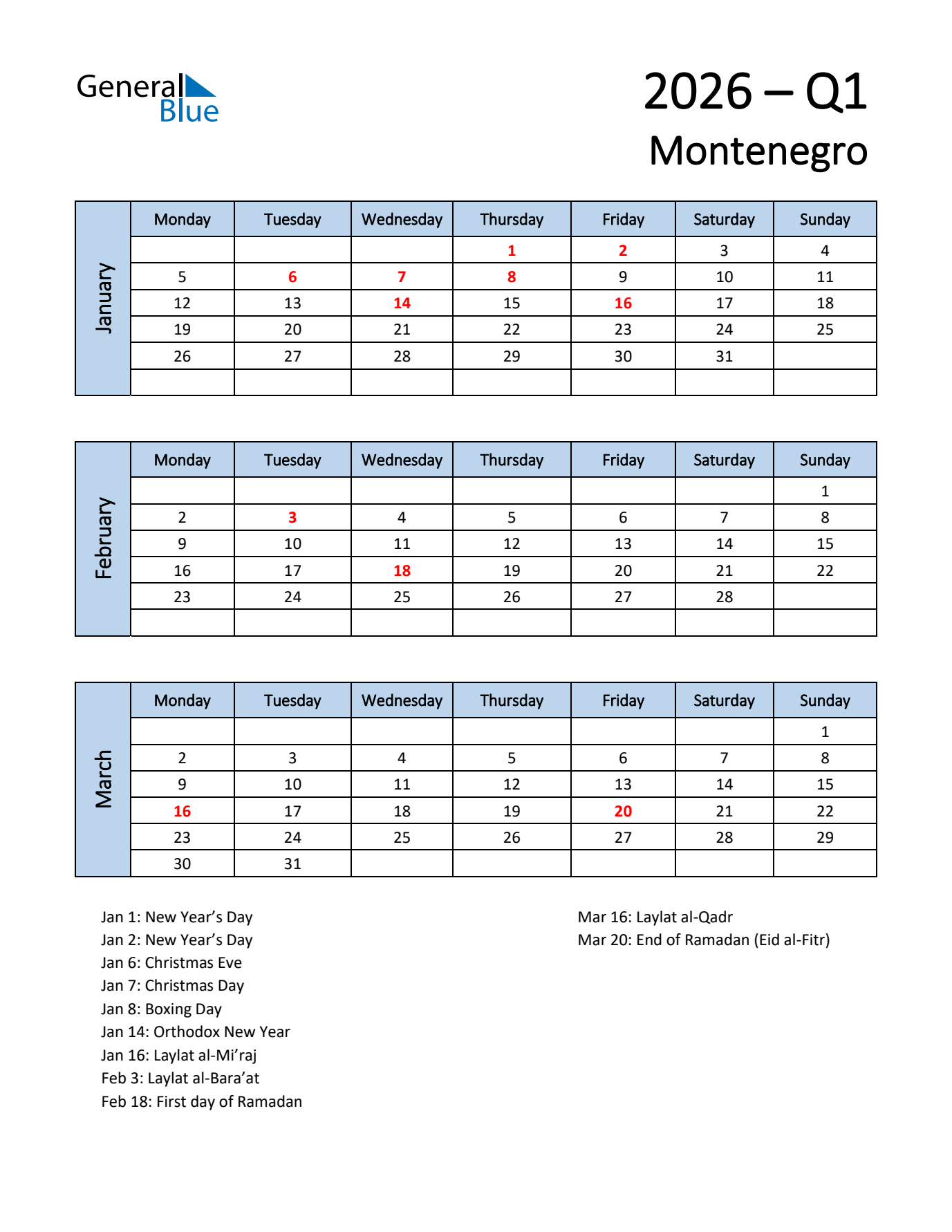 Free Q1 2026 Calendar for Montenegro - Monday Start