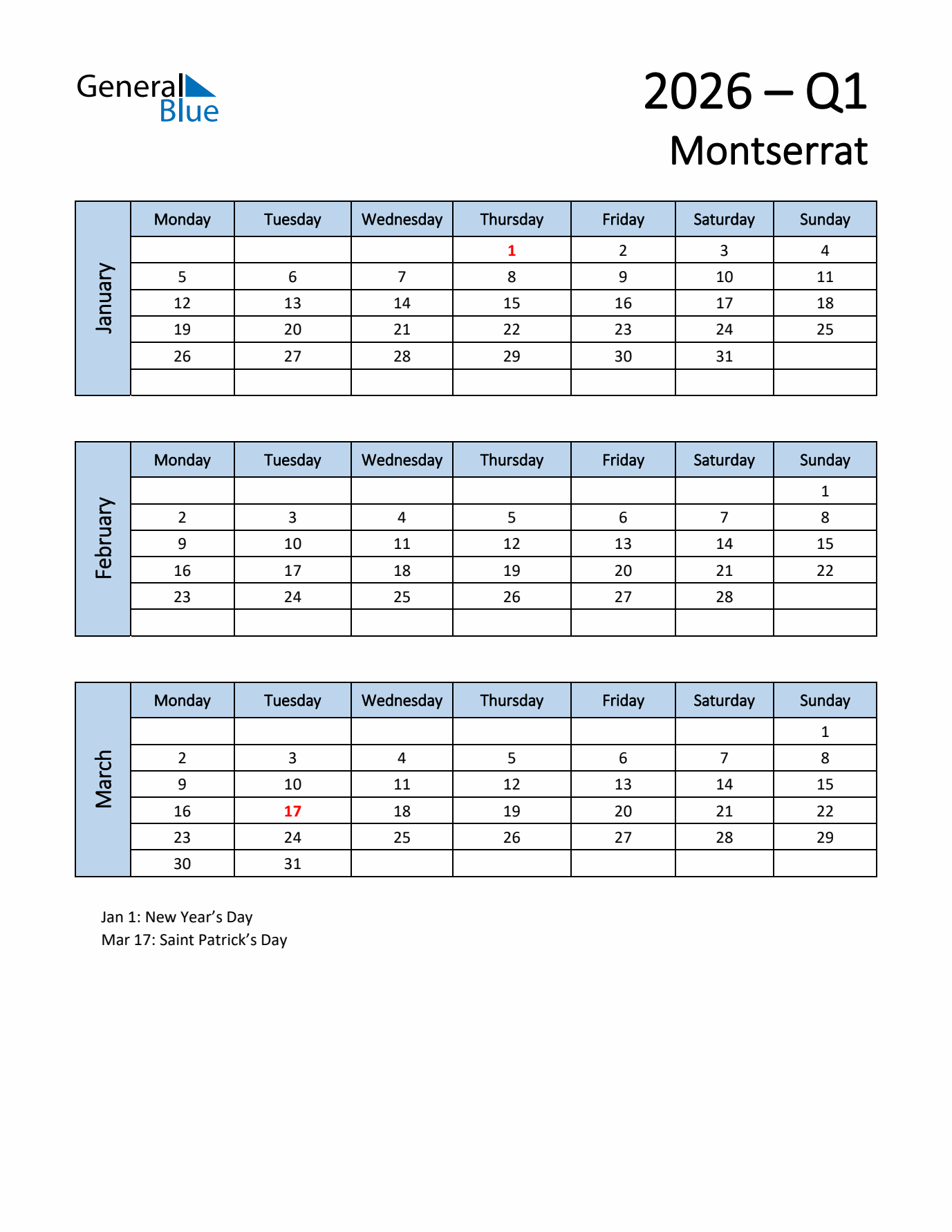 Free Q1 2026 Calendar for Montserrat - Monday Start
