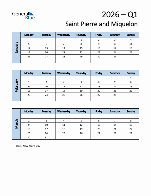 Free Q1 2026 Calendar for Saint Pierre and Miquelon - Monday Start