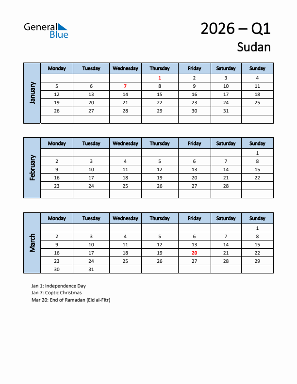 Free Q1 2026 Calendar for Sudan - Monday Start