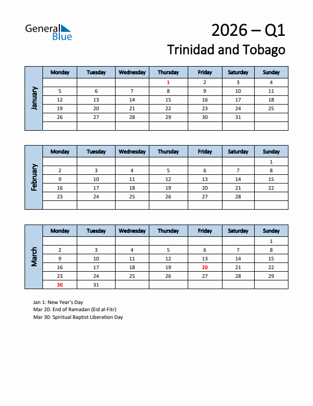 Free Q1 2026 Calendar for Trinidad and Tobago - Monday Start
