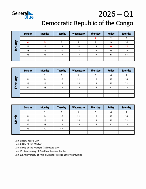 Free Q1 2026 Calendar for Democratic Republic of the Congo - Sunday Start