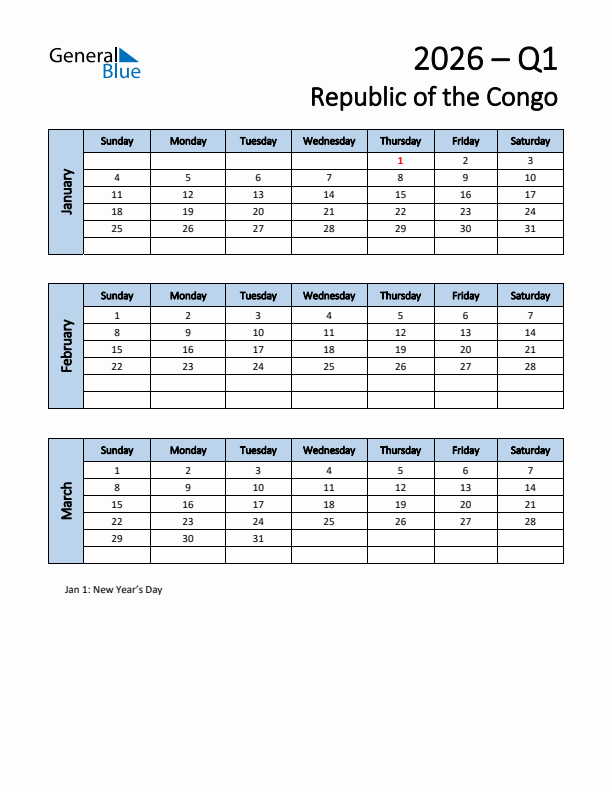 Free Q1 2026 Calendar for Republic of the Congo - Sunday Start