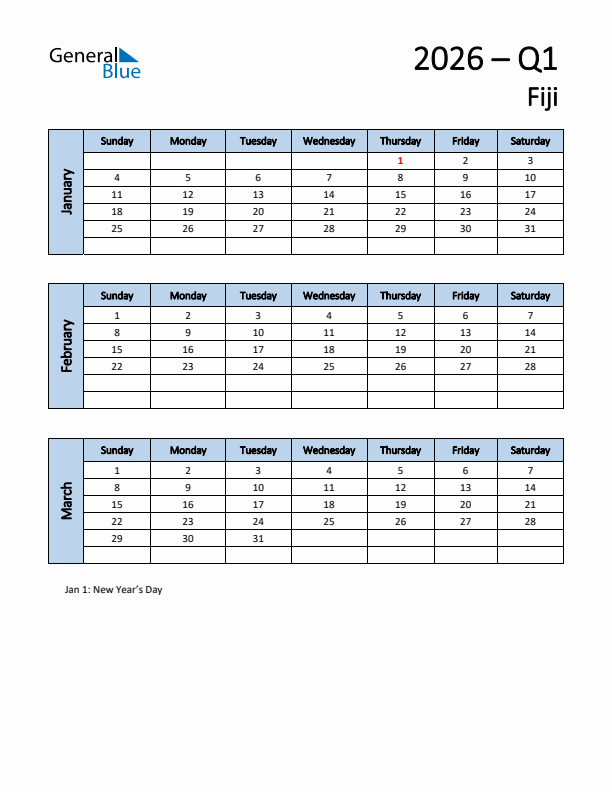 Free Q1 2026 Calendar for Fiji - Sunday Start