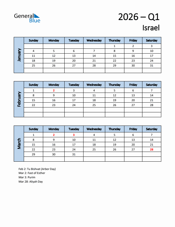 Free Q1 2026 Calendar for Israel - Sunday Start