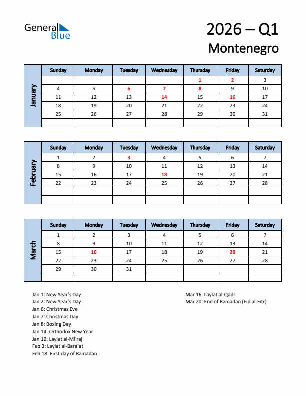 Free Q1 2026 Calendar for Montenegro - Sunday Start