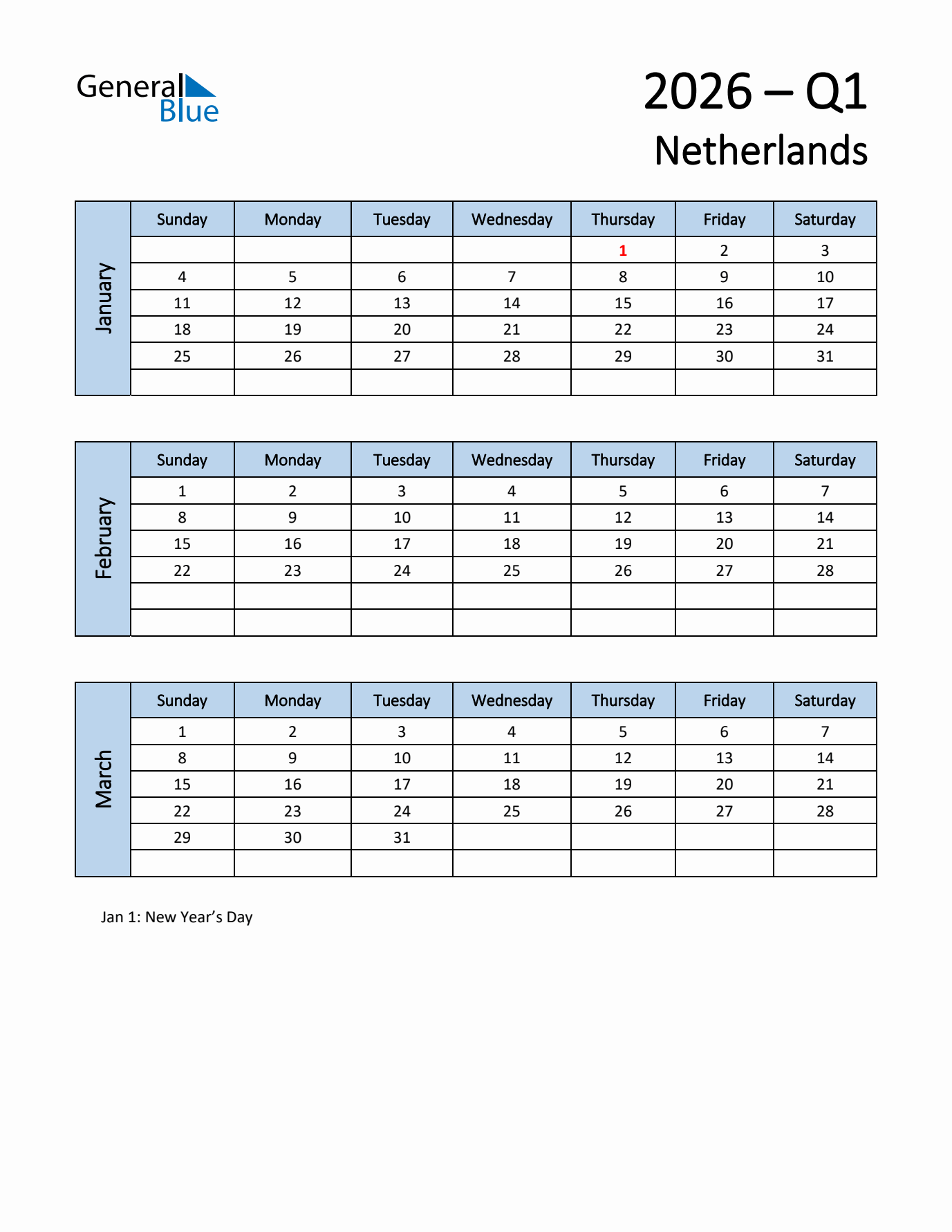 Free Q1 2026 Calendar for The Netherlands - Sunday Start