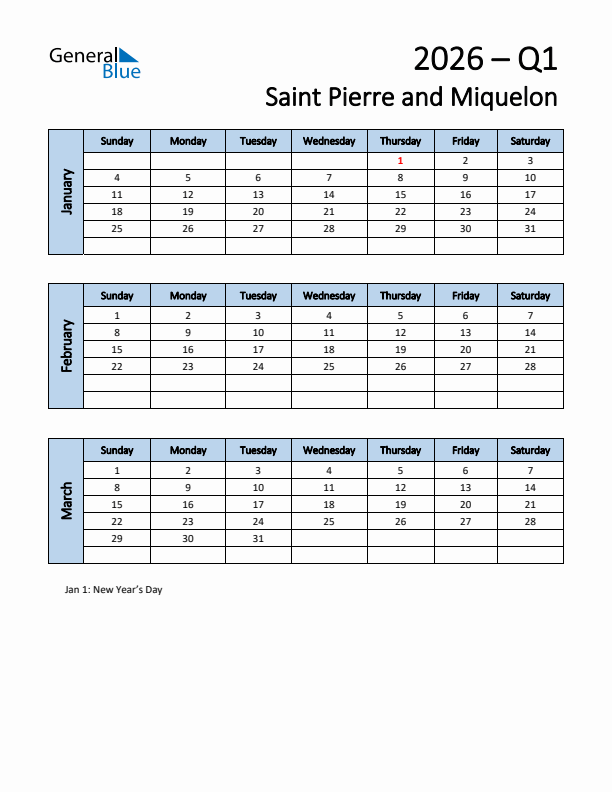 Free Q1 2026 Calendar for Saint Pierre and Miquelon - Sunday Start