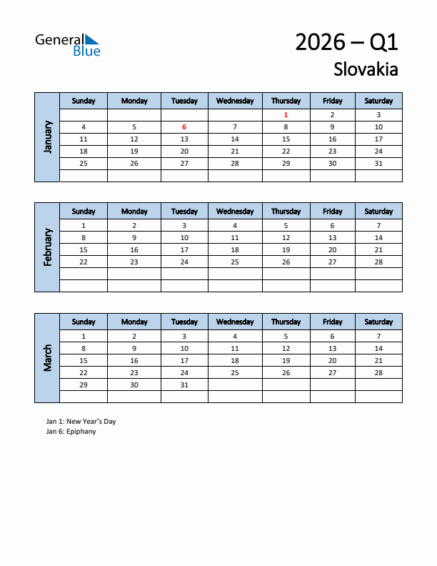 Free Q1 2026 Calendar for Slovakia - Sunday Start