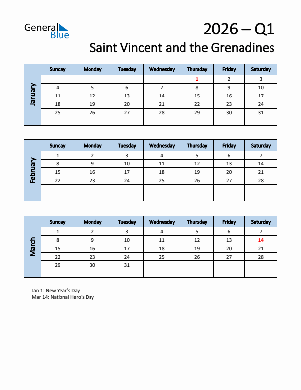 Free Q1 2026 Calendar for Saint Vincent and the Grenadines - Sunday Start