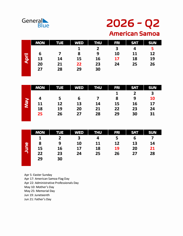 Q2 2026 Calendar with Holidays in American Samoa