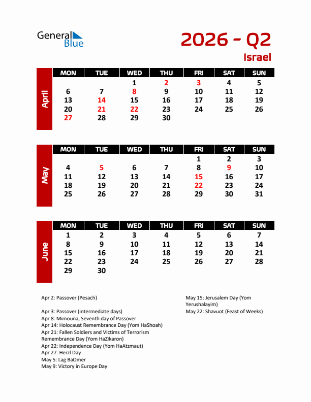 Q2 2026 Calendar with Holidays in Israel