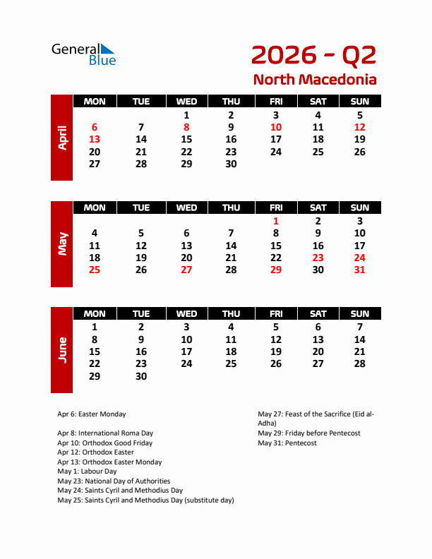 Q2 2026 Calendar with Holidays in North Macedonia
