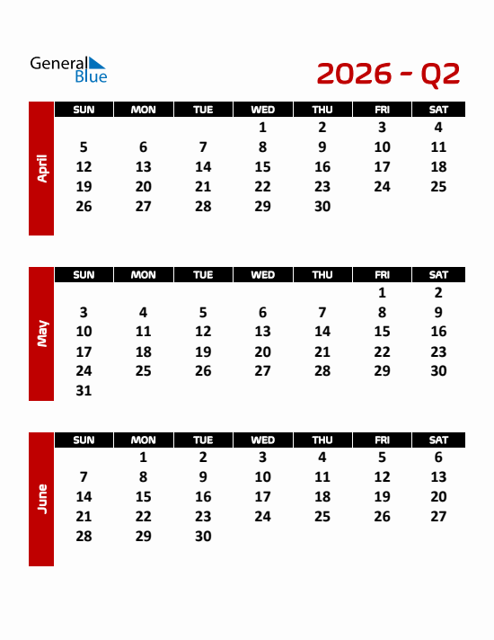 Quarter 2 2026 calendar template