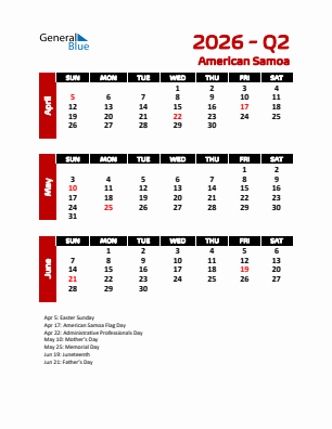 American Samoa Quarter 2  2026 calendar template