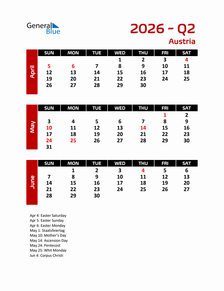 Q2 2026 Calendar with Holidays for Austria
