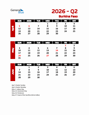 Burkina Faso Quarter 2  2026 calendar template