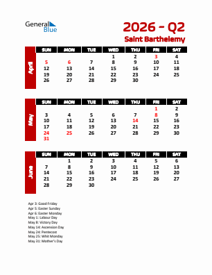 Saint Barthelemy Quarter 2  2026 calendar template