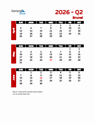Brunei Quarter 2  2026 calendar template