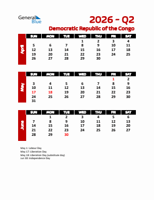 Democratic Republic of the Congo Quarter 2  2026 calendar template