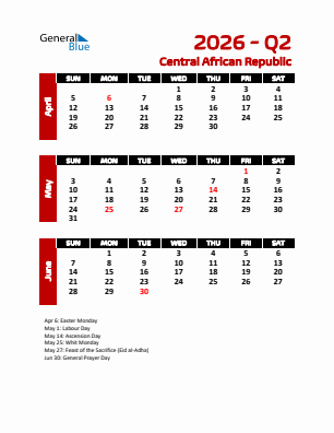 Central African Republic Quarter 2  2026 calendar template