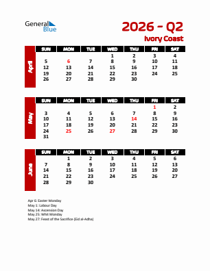 Ivory Coast Quarter 2  2026 calendar template