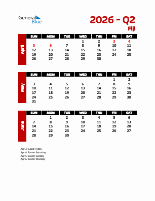 Fiji Quarter 2  2026 calendar template