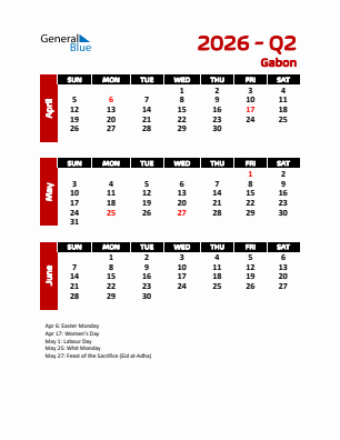 Gabon Quarter 2  2026 calendar template