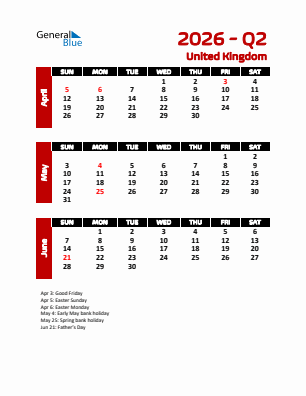 United Kingdom Quarter 2  2026 calendar template