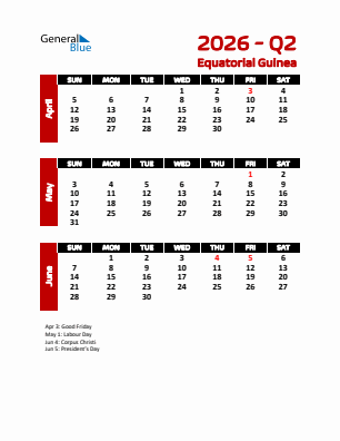 Equatorial Guinea Quarter 2  2026 calendar template