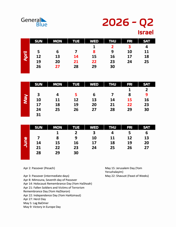 Q2 2026 Calendar with Holidays in Israel