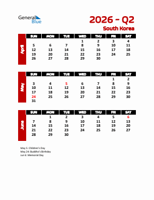 South Korea Quarter 2  2026 calendar template