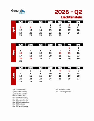 Liechtenstein Quarter 2  2026 calendar template