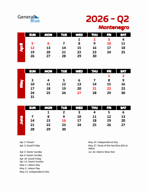 Montenegro Quarter 2  2026 calendar template