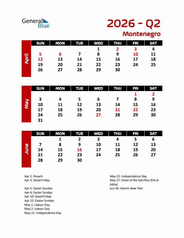 Q2 2026 Calendar with Holidays in Montenegro