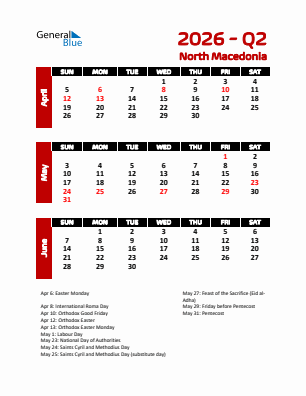 North Macedonia Quarter 2  2026 calendar template