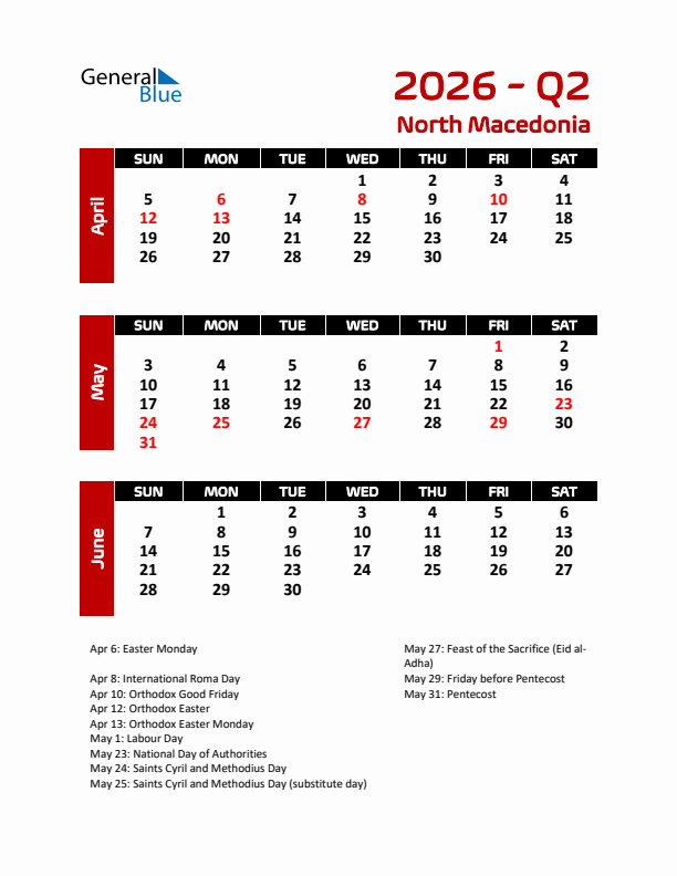 Q2 2026 Calendar with Holidays in North Macedonia