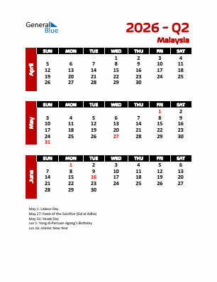 Malaysia Quarter 2  2026 calendar template