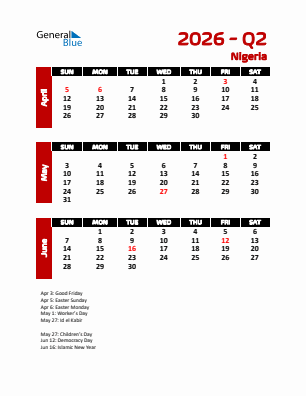 Nigeria Quarter 2  2026 calendar template