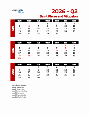 Saint Pierre and Miquelon Quarter 2  2026 calendar template