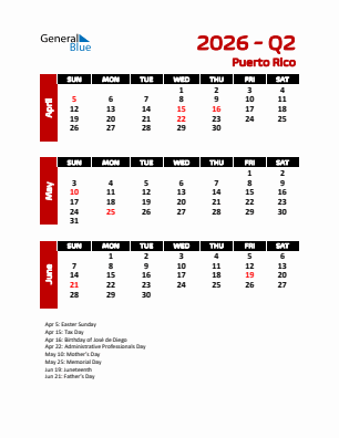 Puerto Rico Quarter 2  2026 calendar template