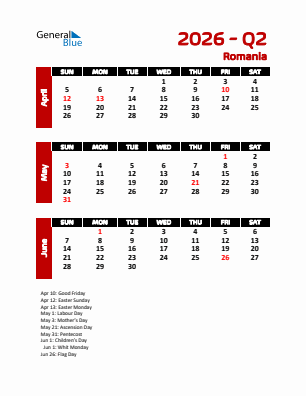 Romania Quarter 2  2026 calendar template