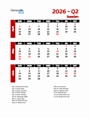 Sweden Quarter 2  2026 calendar template
