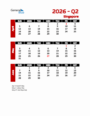 Singapore Quarter 2  2026 calendar template