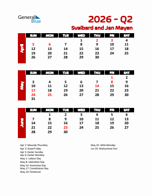 Svalbard and Jan Mayen Quarter 2  2026 calendar template